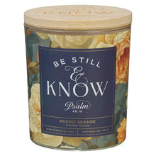 Load image into Gallery viewer, Glass Candle W/Bamboo Lid Floral Be Still Ps. 46:10 Seaside Scented