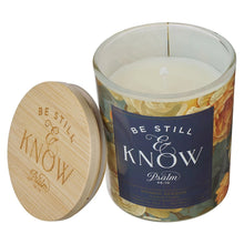 Load image into Gallery viewer, Glass Candle W/Bamboo Lid Floral Be Still Ps. 46:10 Seaside Scented
